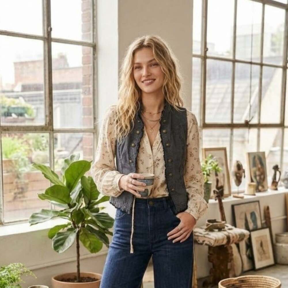 Vintage Y2K Nine & Co Denim Chambray Military Style Vest Blouse